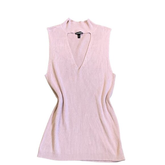 Express L Sleeveless V-Neck/Mock-Cut-Out Pink Rib Knit Top Barbiecore 48Q - Picture 5 of 8